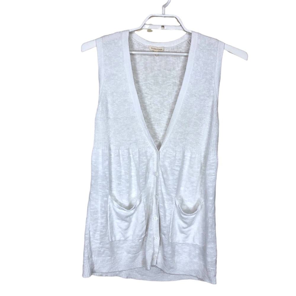 Eileen Fisher Sweater Vest Cardigan Button Front Linen Blend Sleeveless White M